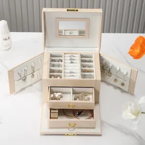 Portable PU Leather Jewelry Box With Mirror 3-Layer Drawer Organizer For Earrings Rings Necklaces Storage Case Women Travel Jewelry Chest