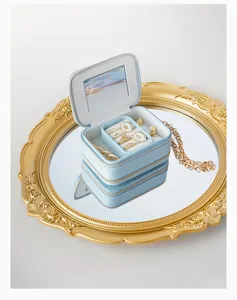 Tragbare reise schmuckschatulle mit spiegel, blauer doppel schicht organizer für ringe ohrringe.