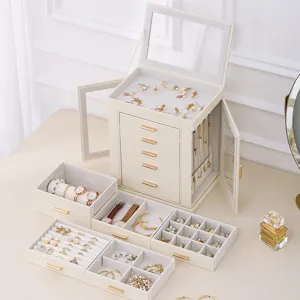 Boîte à bijoux en cuir multicouche avec vitre en verre, grande capacité pour bagues et colliers.