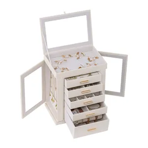 Boite a bijoux en cuir multi-couches avec vitre, grand coffret de rangement pour colliers.