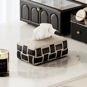 Luxury Checkerboard Leather Woven Tissue Box Modern Minimalist Living Room Bedroom Car Desktop Removable Tissue Organizer Case Holder