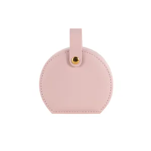 Portable Pink Round PU Leather Jewelry Storage Box Travel Organizer for Earrings Rings