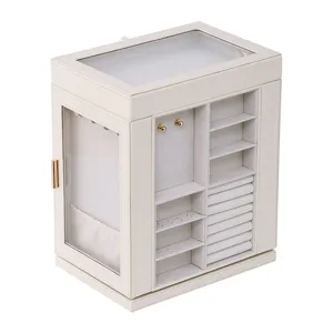 Boîte à bijoux en cuir PU blanc avec vitre, organisateur multicouche pour colliers et bagues.