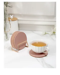 Leather cork coaster set with gold metal holder pink round drink mats for home table decor