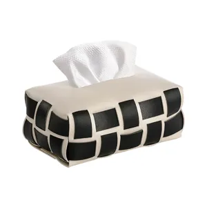 Modern leather woven tissue box holder, chic checkerboard design for home living room decor.