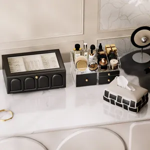 Luxury checkerboard leather woven tissue box for elegant modern home and living room decor.
