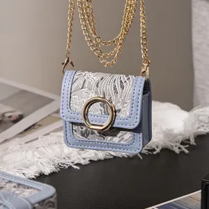 Portable mini retro jacquard earphone storage bag with gold chain and metal ring clasp.