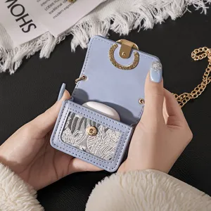Portable retro jacquard earphone case mini jewelry storage box travel protective bag with chain.