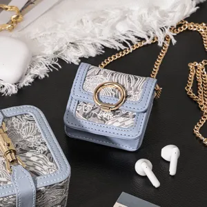 Mini blue jacquard storage bag portable earphone case retro cosmetic jewelry pouch chain.