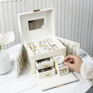 Large Capacity PU Leather Jewelry Box For Ring Earring Necklace Organizing Built-in Mirror Portable Case Holiday Present