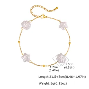 Gold stainless steel shell star pearl anklet detail view, showing size dimensions and length.