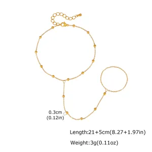 Gold stainless steel beaded chain detail showing dimensions, length 21 plus 5cm, weight 3g.
