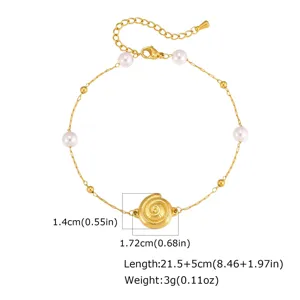 Gold stainless steel shell faux pearl anklet for women summer beach jewelry 21.5+5cm