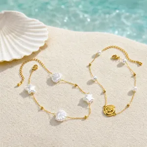 Stainless Steel Star Shell Artificial Pearl Anklet 18K Gold Plated Adjustable Ankle Bracelet For Women Beach Jewelry