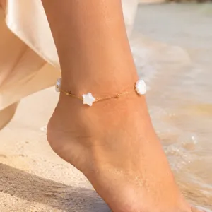 Gold stainless steel anklet with white shell star charms for summer beach wear outfit