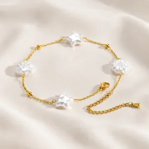 Gold stainless steel star shell faux pearl anklet for women, chic summer beach jewelry.