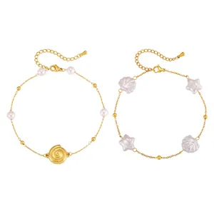 Gold anklet set for women featuring pearl shell and starfish charms, 18k gold plated.