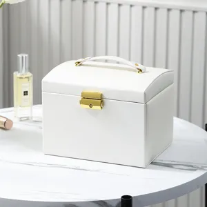 Large capacity white leather jewelry box with gold lock for rings earrings necklaces
