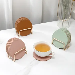 Round leather coasters set with metal holder heat resistant drink coasters for table decor