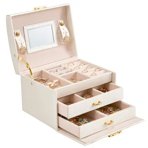 Large capacity multi-layer jewelry box with mirror and drawers for rings and necklaces.