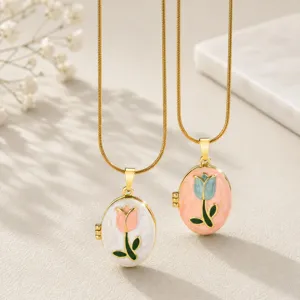 Vintage Edelstahl Kupfer Vergoldet Emaille Tulpe Blume Foto Medaillon Öffnens Hänger Halskette Für Damen Schmuck Geschenk