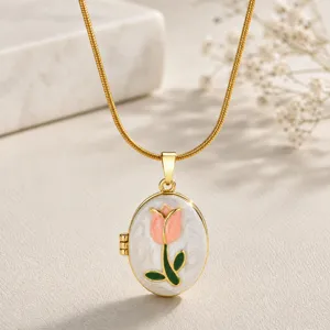 Vintage Gold Emaille Tulpe Medaillon Halskette Zarte Blumen Anhänger Schmuck Damen