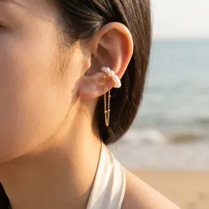 Cuffia per orecchio con perle finte in acciaio inossidabile stile minimalista da donna