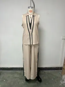Summer luxury style women contrast sleeveless vest and drawstring long pants suit chic outfit
