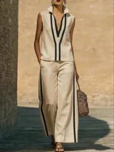 Women's Casual Linen Blend Two Piece Set Summer Sleeveless Tank Top And Wide Leg Pants Outfit