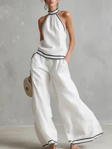 Women Summer Halter Top And Wide Leg Pants Set Vacation Stripe Patchwork Two Piece Outfit