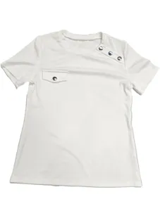 Close-up detail of white ribbed short-sleeve top featuring stylish metallic buttons and pocket.