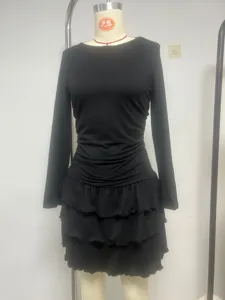 Women's autumn winter solid color slim long sleeve tiered ruffle black dress detail view