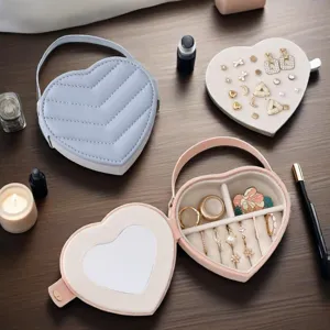 Heart-Shaped PU Leather Jewelry Box Portable Travel Jewelry Organizer With Mirror V-Stitch Quilted Pattern For Earring Ring Women Gift