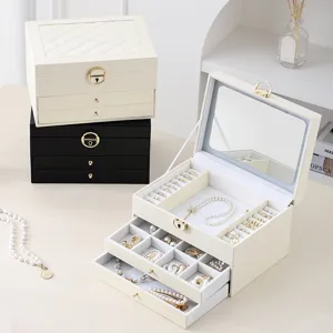 Multi-layer large capacity jewelry box leather storage organizer for rings and necklaces.