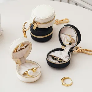 Portable Leather Mini Jewelry Box Travel Jewelry Organizer Case Round Keychain Bag Charm Ring Earring Storage Box Gift
