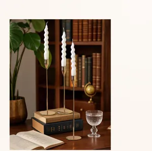 Nordic gold tall candle holders set with white spiral taper candles for decor table setup
