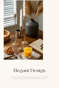 Nordic minimalist gold taper candle holder detail shot, elegant table decor for romantic dinners.