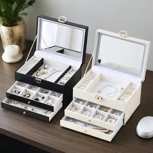 Large capacity multi-layer leather jewelry box storage organizer for rings and necklaces.