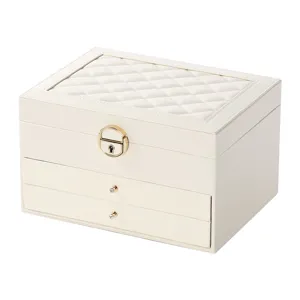 Large white leather jewelry box with quilted top, gold lock and double drawers for rings.