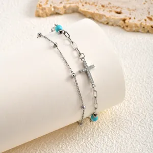 Stainless steel turquoise zircon cross double layer anklet detail aesthetic
