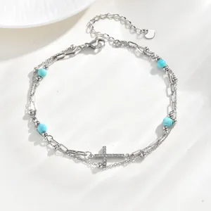 Stainless steel turquoise zircon cross double layer anklet exquisite detail view.