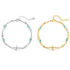 Stainless steel turquoise zirconia cross double layer anklet stylish gold foot jewelry