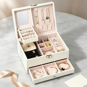 Mehrlagige PU-Leder Schmuckschatulle Mit Schloss Gesteppter Schmuck-Organizer 3 Ebenen Mit Spiegel Halskette Ring Aufbewahrungsbox Für Damen