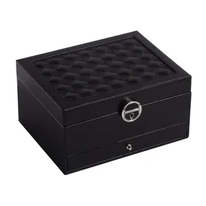 Schwarze Leder-Schmuckschatulle mit Schloss, gesteppte Box zur Aufbewahrung von Zubehoer.