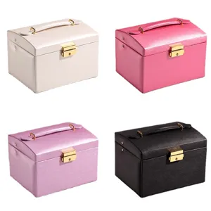 Multi-layer leather jewelry storage box with golden lock, large capacity organizer case.