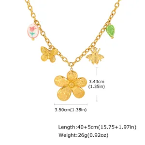 Collar de flor de acero inoxidable bañado en oro con dijes de mariposa y abeja, 40+5cm.