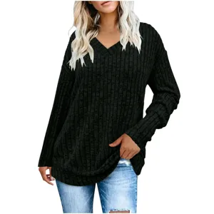 Haut à manches longues et col V en tricot côtelé pour femme pull noir décontracté chemise