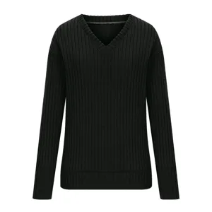 Vue détaillée du haut en tricot côtelé noir à manches longues et col en V pour femmes.