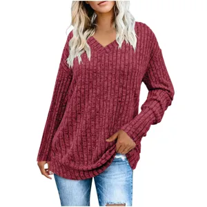 Femme pull manches longues col V en tricot côtelé brossé haut décontracté élégant