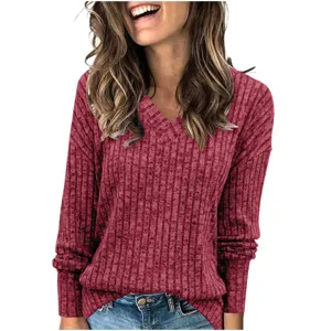 Femme pull en tricot côtelé à manches longues et col V haut décontracté confortable